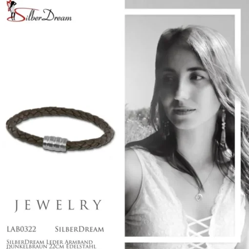 SilberDream Leder Armband dunkelbraun 22cm Edelstahl Verschluss LAB0322