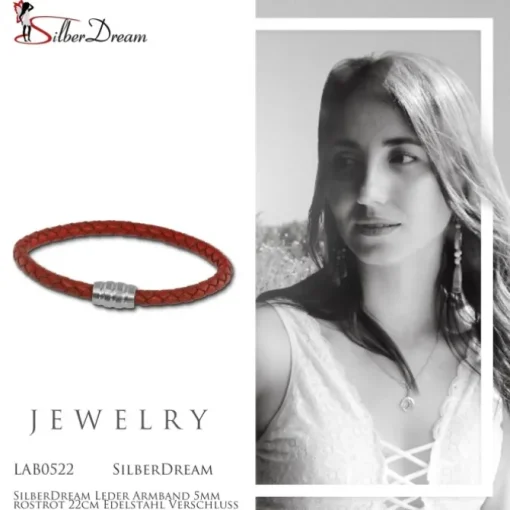SilberDream Leder Armband 5mm rostrot 22cm Edelstahl Verschluss LAB0522