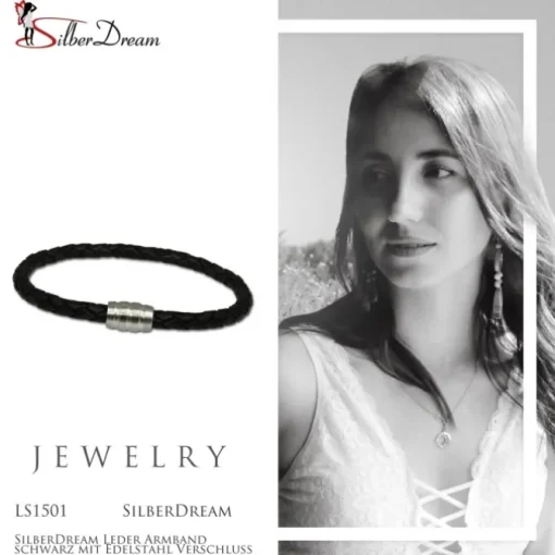 SilberDream Leder Armband schwarz mit Edelstahl Verschluss LS1501