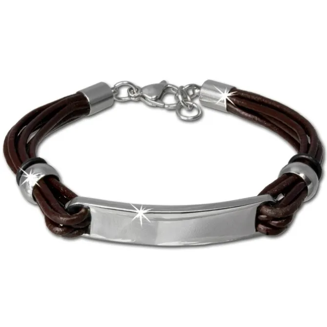 SilberDream Lederarmband Plakette braun Edelstahl Armband LAP009B