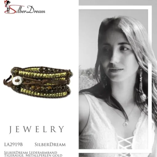 SilberDream Lederarmband Tigerauge, Metallperlen gold Damen Leder Band LA2919B