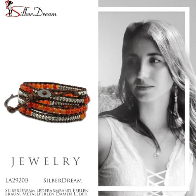 SilberDream Lederarmband Perlen braun, Metallperlen Damen Leder Band LA2920B