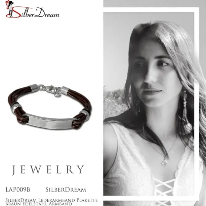 SilberDream Lederarmband Plakette braun Edelstahl Armband LAP009B