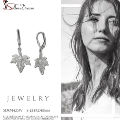 SilberDream Ohrhänger Ahornblatt Zirkonia weiß 925 Silber Ohrring SDO4425W