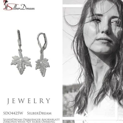 SilberDream Ohrhänger Ahornblatt Zirkonia weiß 925 Silber Ohrring SDO4425W