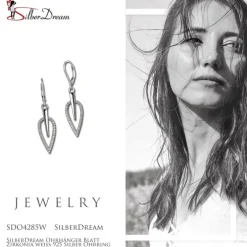 SilberDream Ohrhänger Blatt Zirkonia weiß 925 Silber Ohrring SDO4285W