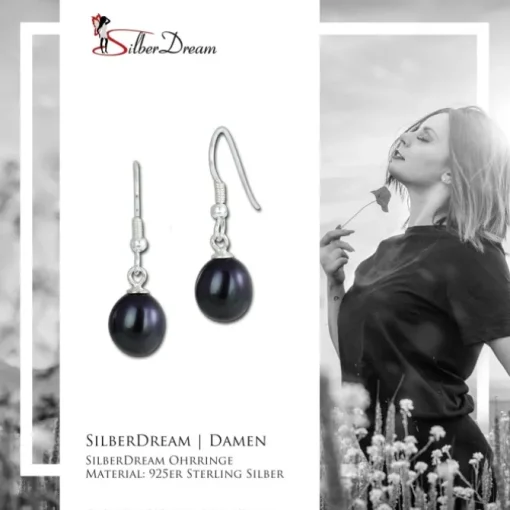 SilberDream Ohrhänger Süßwasser Perle schwarz 9mm offen 925 Silber SDO148S