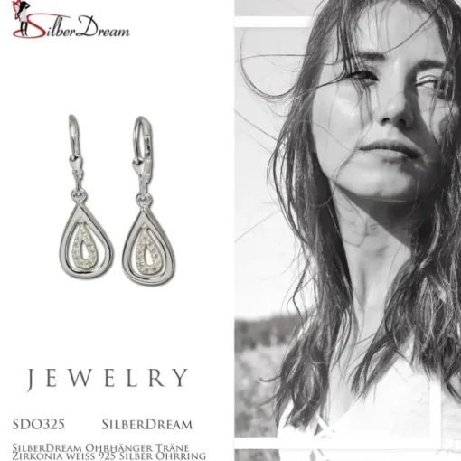 SilberDream Ohrhänger Träne Zirkonia weiß 925 Silber Ohrring SDO325