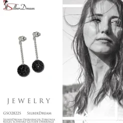SilberDream Ohrhänger Zirkonia Kugel schwarz Glitzer Ohrringe GSO2822S