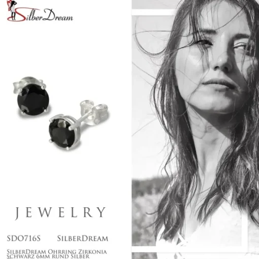 SilberDream Ohrring Zirkonia schwarz 6mm rund Silber Ohrstecker SDO716S