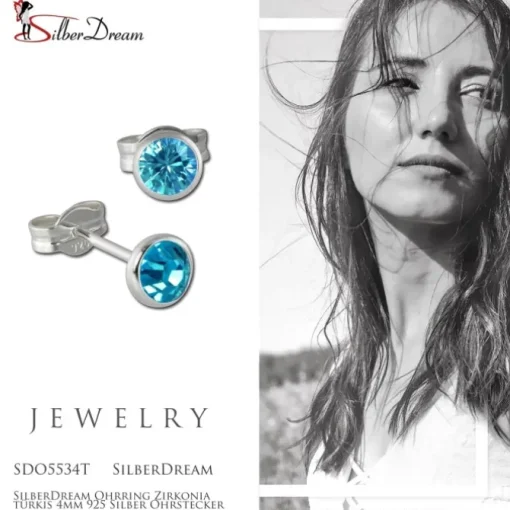 SilberDream Ohrring Zirkonia türkis 4mm 925 Silber Ohrstecker SDO5534T
