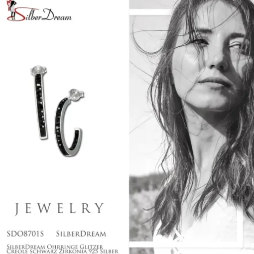 SilberDream Ohrringe Glitzer Creole schwarz Zirkonia 925 Silber SDO8701S
