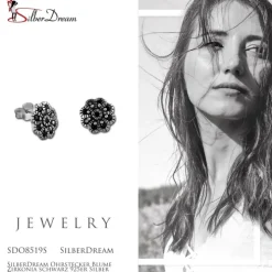 SilberDream Ohrstecker Blume Zirkonia schwarz 925er Silber Damen SDO8519S