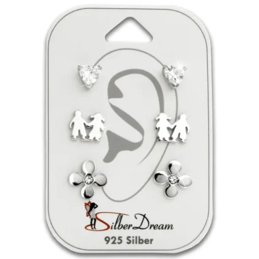 SilberDream Ohrstecker 3er Set Herz, Freunde, Blume 925er Ohrring SDS610WJ