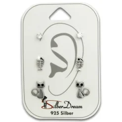 SilberDream Ohrstecker 3er Set Zirkonia, Fischgräte, Katze 925 Ohrring SDS625WS