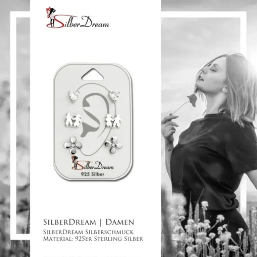 SilberDream Ohrstecker 3er Set Herz, Freunde, Blume 925er Ohrring SDS610WJ