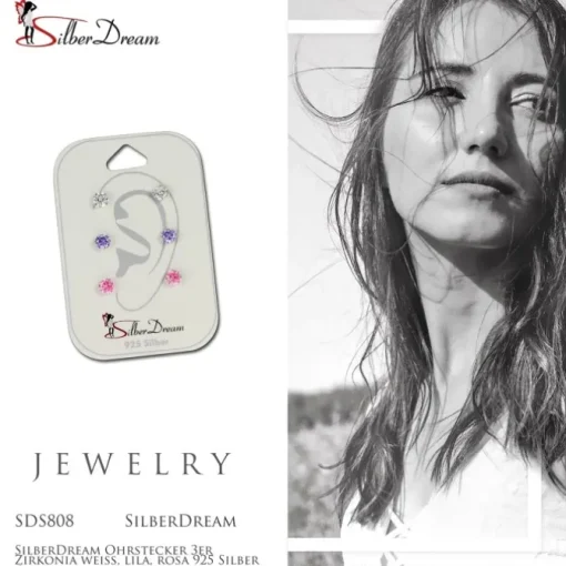 SilberDream Ohrstecker 3er Zirkonia weiß, lila, rosa 925 Silber Ohrring SDS808
