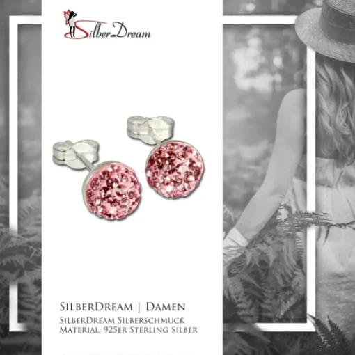 SilberDream Ohrstecker Halbkugel rosa 925er Glitzer Kristalle GSO217A