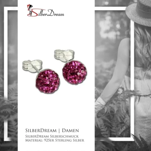 SilberDream Ohrstecker Halbkugel pink 925er Glitzer Kristalle GSO217P