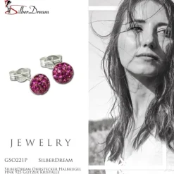 SilberDream Ohrstecker Halbkugel pink 925 Glitzer Kristalle GSO221P