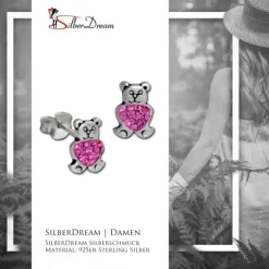 SilberDream Ohrstecker Knuddelbär rosa 925er Glitzer Kristalle GSO607A