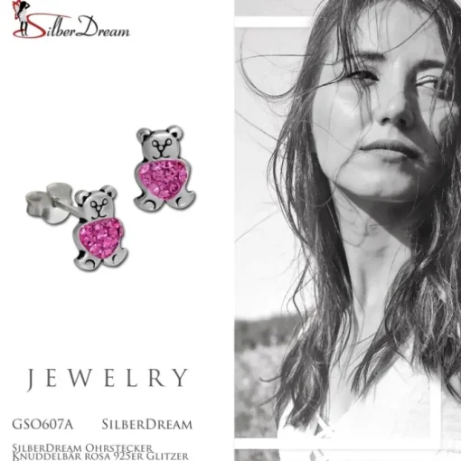 SilberDream Ohrstecker Knuddelbär rosa 925er Glitzer Kristalle GSO607A