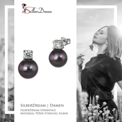 SilberDream Ohrstecker Perle schwarz Zirkonia Damen 925er Silber SDO1738S