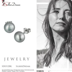 SilberDream Ohrstecker Süßwasser Perle grau 9mm 925 Silber SDO128K