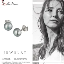 SilberDream Ohrstecker Süßwasser Perle grau 8mm 925 Silber SDO108K