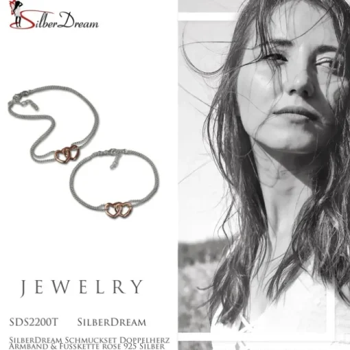 SilberDream Schmuckset Doppelherz Armband & Fußkette rose 925 Silber SDS2200T