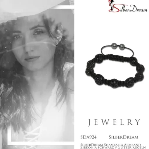 SilberDream Shamballa Armband Zirkonia schwarz 9 Glitzer Kugeln SDA924