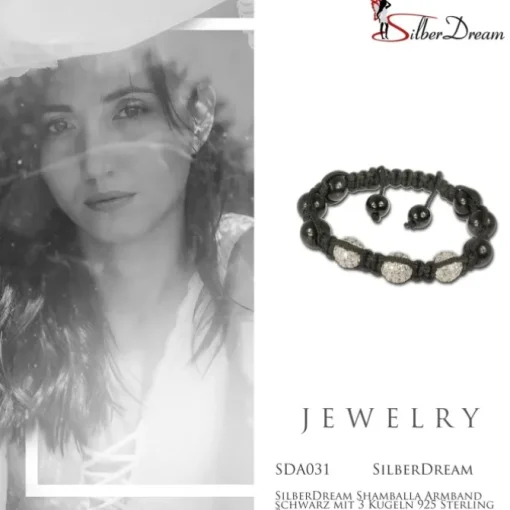 SilberDream Shamballa Armband schwarz mit 3 Kugeln 925 Sterling Silber SDA031