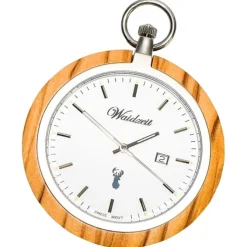 Waidzeit Herren Taschenuhr Edelstahl Holz hellbraun mit Uhrenkette UWATO01