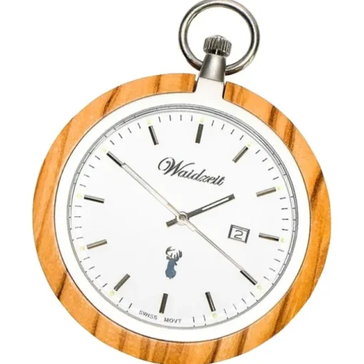 Waidzeit Herren Taschenuhr Edelstahl Holz hellbraun mit Uhrenkette UWATO01