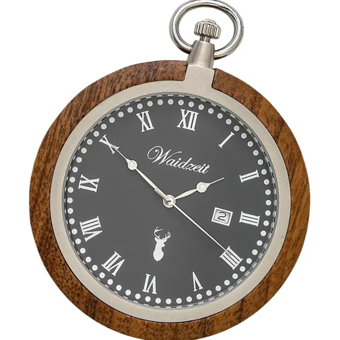 Waidzeit Herren Taschenuhr Edelstahl Walnuß dunkelbraun mit Uhrenkette UWATR01
