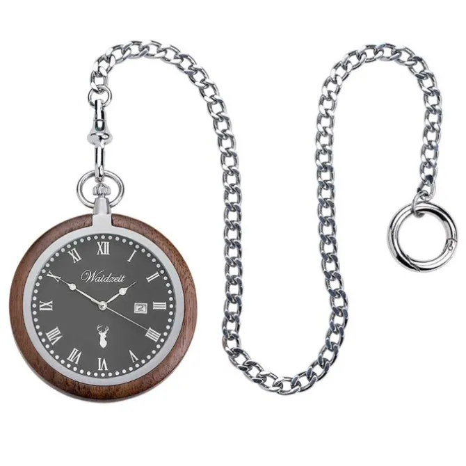 Waidzeit Herren Taschenuhr Edelstahl Walnuß dunkelbraun mit Uhrenkette UWATR01