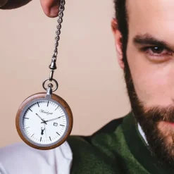 Waidzeit Herren Taschenuhr Edelstahl Walnuß dunkelbraun mit Uhrenkette UWATW01