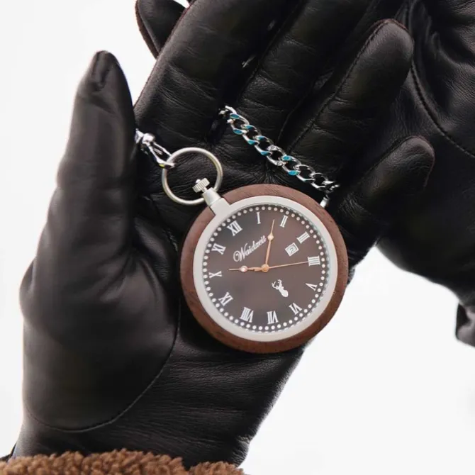 Waidzeit Herren Taschenuhr Edelstahl Walnuß dunkelbraun mit Uhrenkette UWATR01
