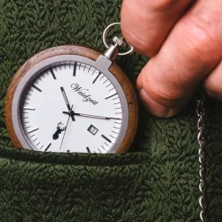Waidzeit Herren Taschenuhr Edelstahl Walnuß dunkelbraun mit Uhrenkette UWATW01