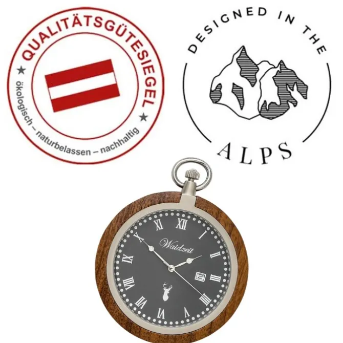 Waidzeit Herren Taschenuhr Edelstahl Walnuß dunkelbraun mit Uhrenkette UWATR01