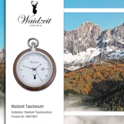 Waidzeit Herren Taschenuhr Edelstahl Walnuß dunkelbraun mit Uhrenkette UWATW01