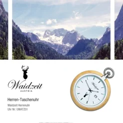 Waidzeit Herren Taschenuhr Edelstahl Holz braun mit Uhrenkette UWATZ01