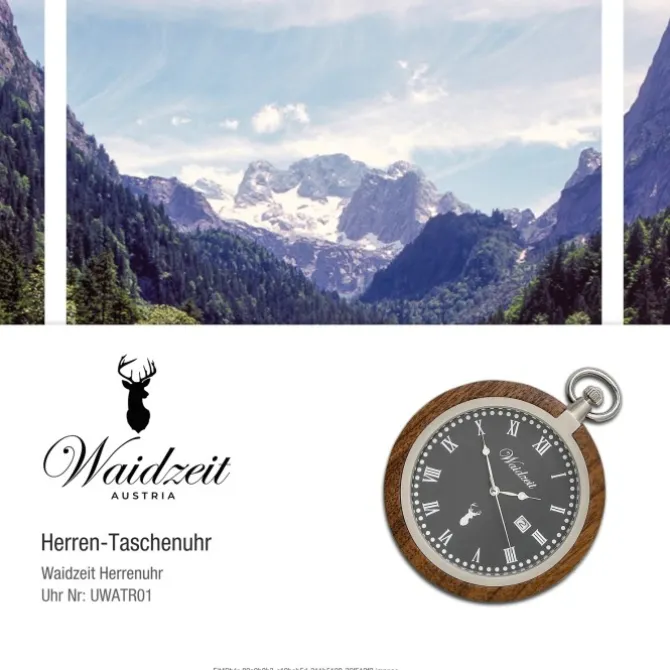 Waidzeit Herren Taschenuhr Edelstahl Walnuß dunkelbraun mit Uhrenkette UWATR01