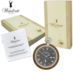 Waidzeit Herren Taschenuhr Edelstahl Walnuß dunkelbraun mit Uhrenkette UWATR01
