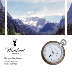 Waidzeit Herren Taschenuhr Edelstahl Walnuß dunkelbraun mit Uhrenkette UWATW01
