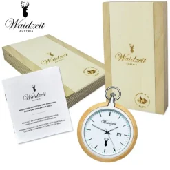 Waidzeit Herren Taschenuhr Edelstahl Holz braun mit Uhrenkette UWATZ01