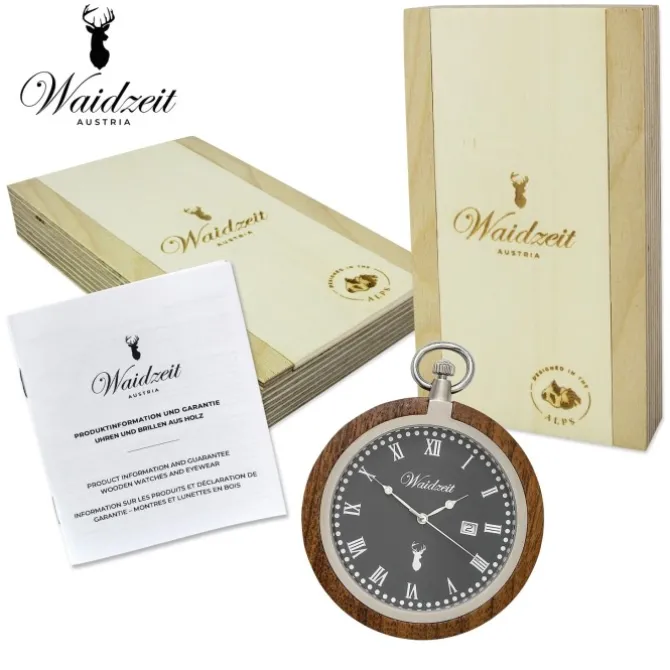 Waidzeit Herren Taschenuhr Edelstahl Walnuß dunkelbraun mit Uhrenkette UWATR01