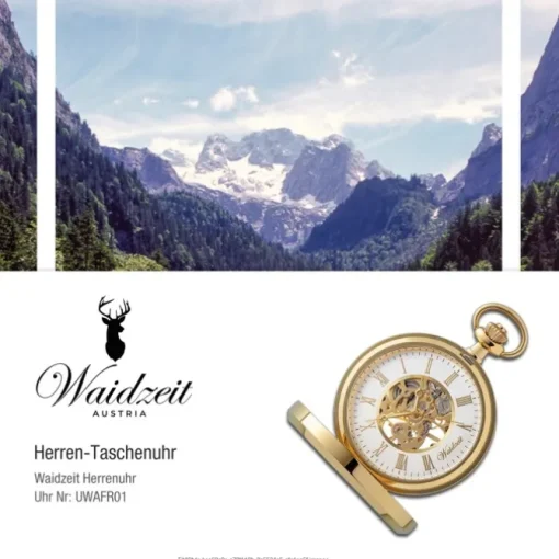 Waidzeit Herren Taschenuhr Edelstahl vergoldet mit Uhrenkette UWAFR01