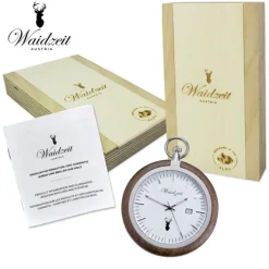Waidzeit Herren Taschenuhr Edelstahl Walnuß dunkelbraun mit Uhrenkette UWATW01