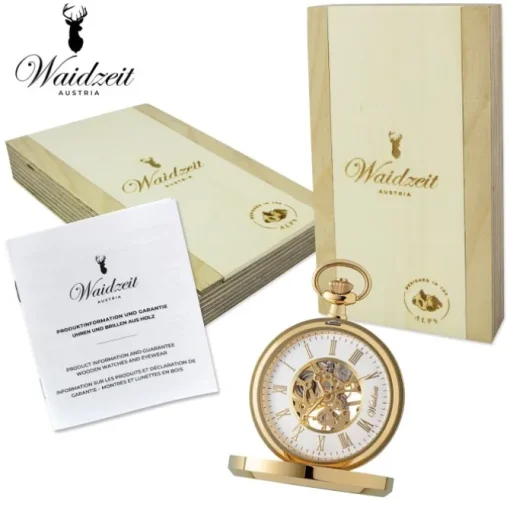 Waidzeit Herren Taschenuhr Edelstahl vergoldet mit Uhrenkette UWAFR01